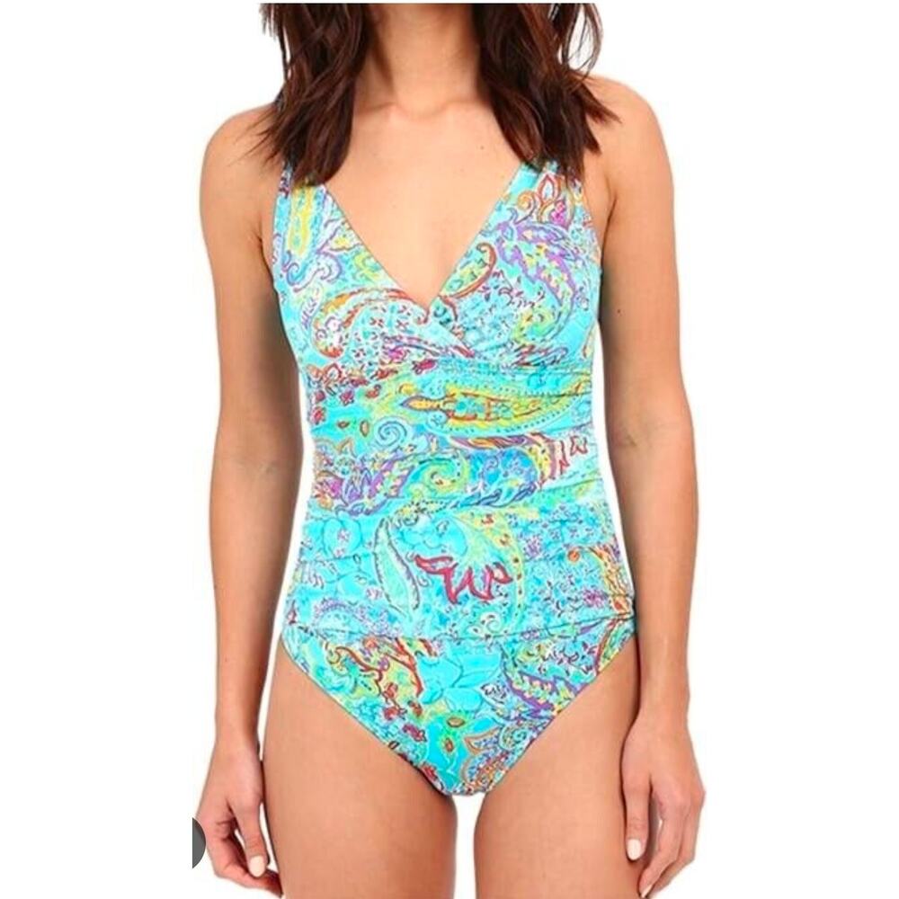 Ralph Lauren One-Piece Swimsuit Womans 8 Paisley Surplice No Wire Ruched Floral
